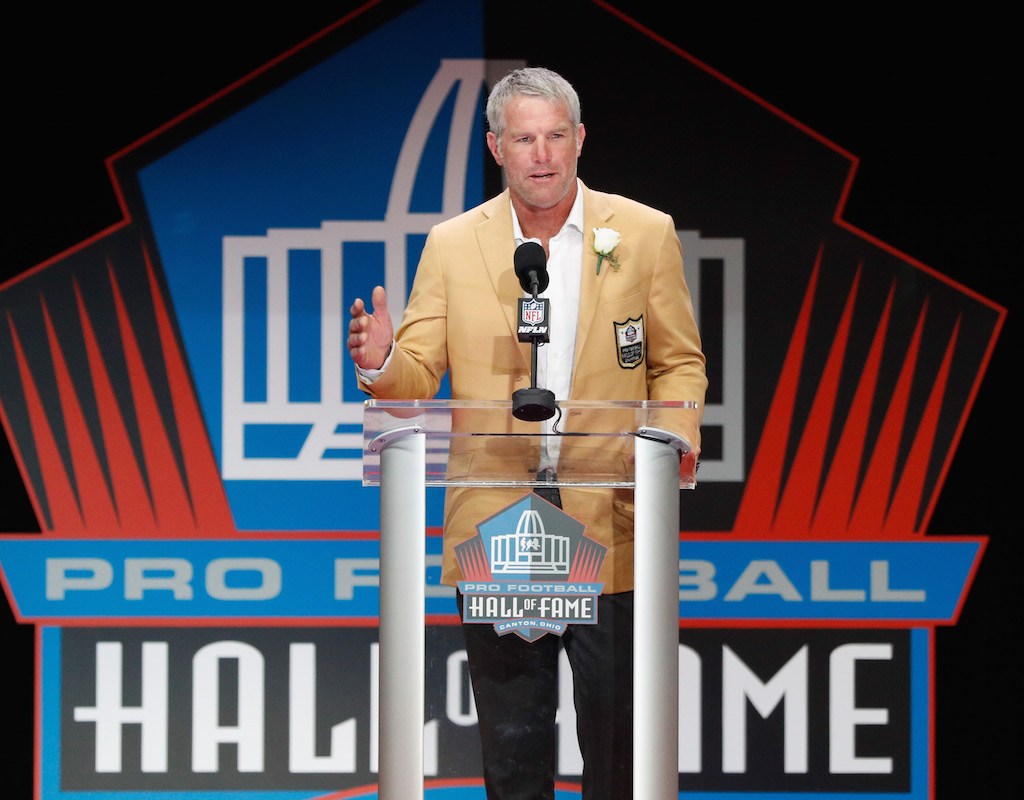 Brett Favre speaks during the pro Football Hall of Fame induction ceremony.