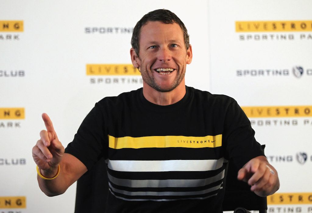 Lance Armstrong talks during a Livestrong media event.
