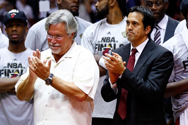 Owner Micky Arison and head coach Erik Spoelstra of the Miami Heat celebrate after the Heat defeat the Boston Celtics 