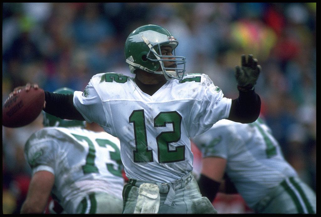 Randall Cunningham looks for a target.
