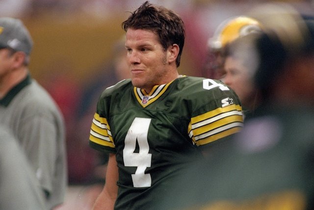 Quarterback Brett Favre of the Green Bay Packers looks on during Super Bowl XXXI.