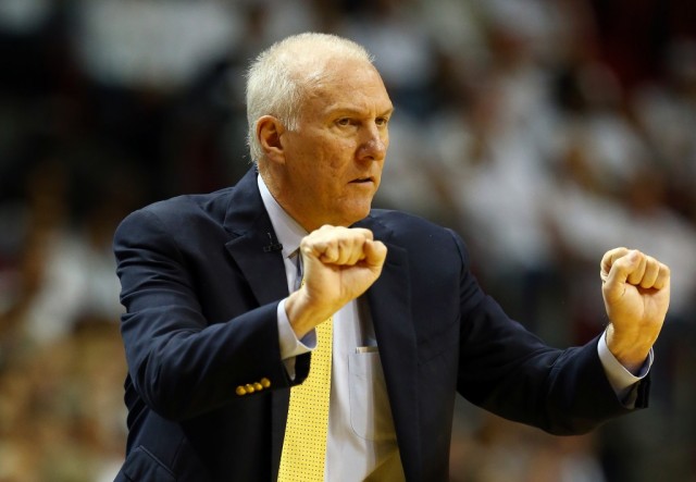 Gregg Popovich gestures to his players during a Spurs game.