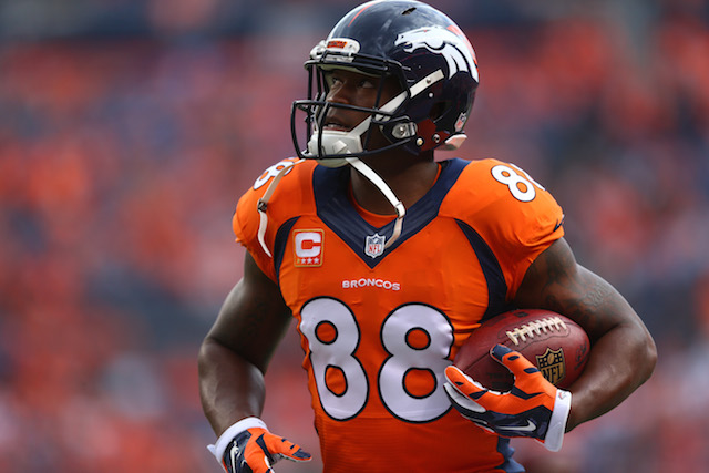 Demaryius Thomas warms up before a game against the Colts