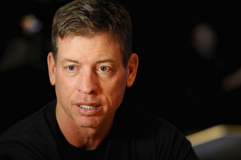 Troy Aikman answers questions from the press during a FOX Sports media event.
