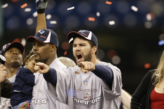 Adam Vinatieri of the New England Patriots celebrates winning Super Bowl XXXVI.