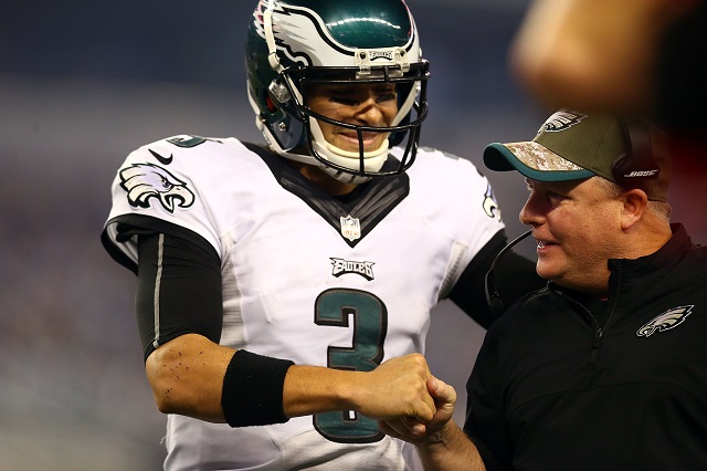 Mark Sanchez and Chip Kelly together during game against the Dallas Cowboys