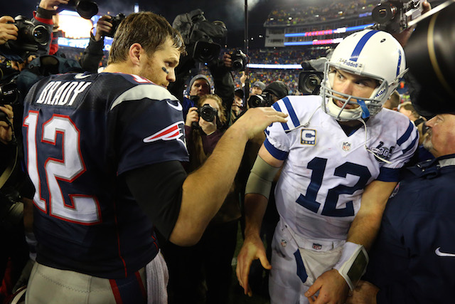 Tom Brady and Andrew Luck shake hands after the Patriots' AFC Championship victory.