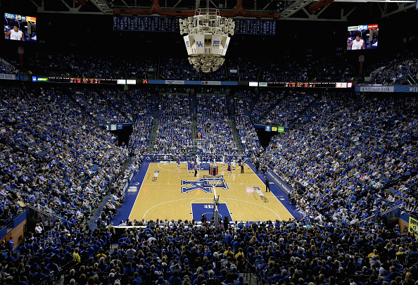 Rupp Arena is decked out in blue for a basketball game.
