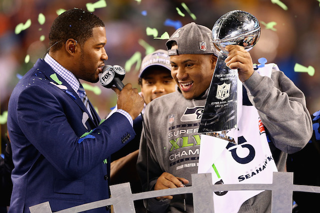 Malcolm Smith, now with the San Francisco 49ers, celebrates after winning Super Bowl XLVIII. 