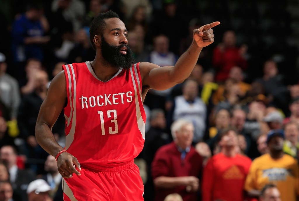 James Harden celebrates in a game against the Nuggets