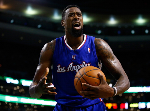 BOSTON, MA - DECEMBER 11: DeAndre Jordan #6 of the Los Angeles Clippers reacts in the second half against the Boston Celtics during the game at TD Garden on December 11, 2013 in Boston, Massachusetts. NOTE TO USER: User expressly acknowledges and agrees that, by downloading and or using this photograph, User is consenting to the terms and conditions of the Getty Images License Agreement.