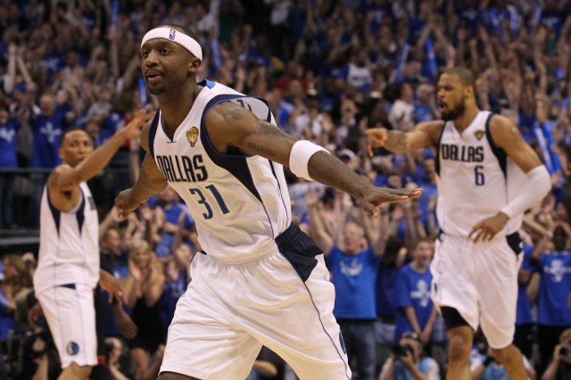 Jason Terry of the Dallas Mavericks reacts after he made a three-point shot.