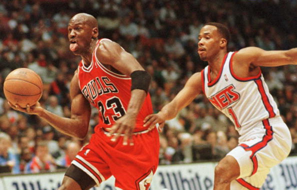 Michael Jordan drives the lane