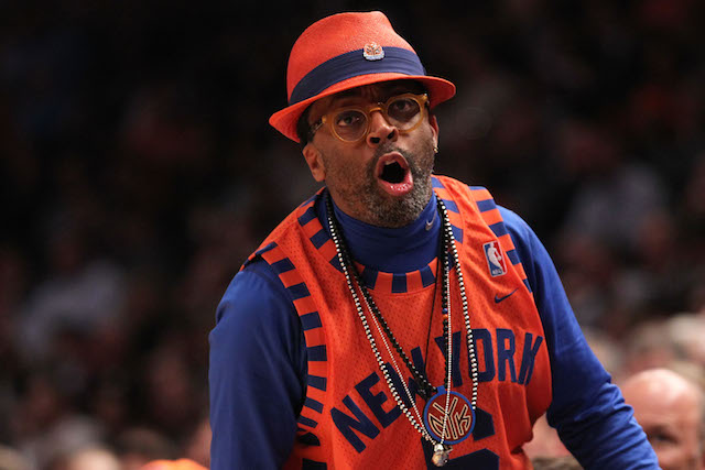 Spike Lee cheers for the New York Knicks as their most famous fan.