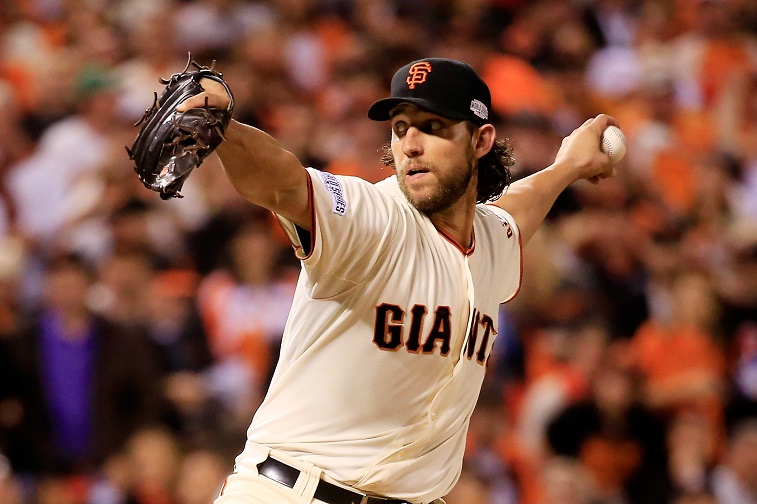 Madison Bumgarner of the San Francisco Giants pitches against the Kansas City Royals.