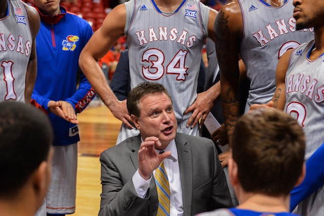 Bill Self instructs his Kansas players.