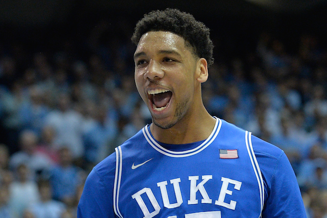 Jahlil Okafor cheers after a big win for Duke.