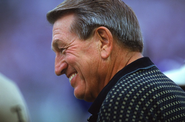 BALTIMORE - SEPTEMBER 24:  A close up of Hall of Fame Quarterback Johnny Unitas, formerly of the Baltimore Colts, as he smiles and looks on during the game between the Cincinnati Bengals and the Baltimore Ravens on September 24, 2000 at PSINet Stadium in Baltimore, Maryland. The Ravens defeated the Bengals 37-0.