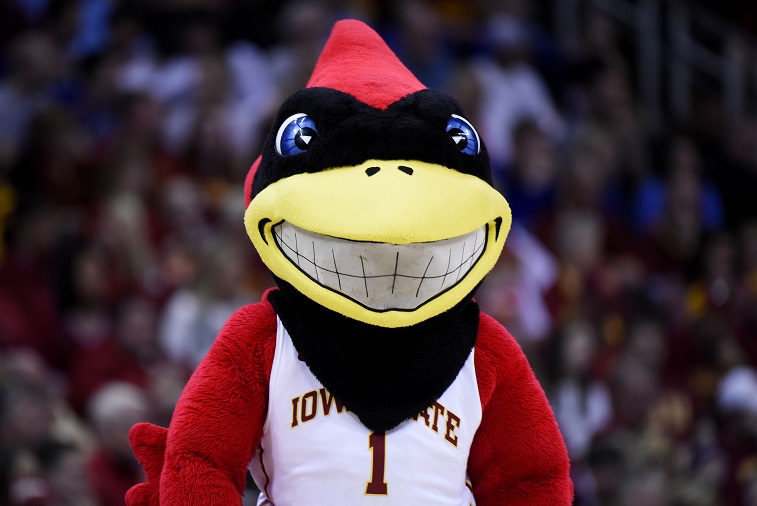 Iowa State's "Cy" the cardinal smiles for fans during a basketball game