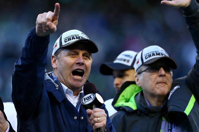 Steve Largent speaks on stage after the Seahawks defeated the Green Bay Packers in the 2015 NFC Championship game. 
