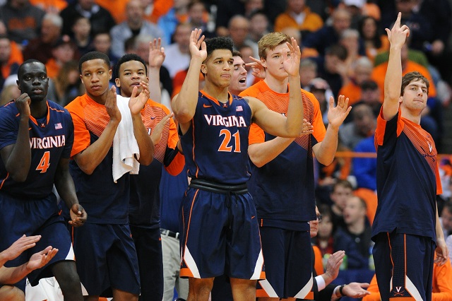 SYRACUSE, NY - MARCH 02: The Virginia Cavaliers bench reacts to a play against the Syracuse Orange during the second half at the Carrier Dome on March 2, 2015 in Syracuse, New York. Virginia defeated Syracuse 59-47. (Photo by Rich Barnes/Getty Images)