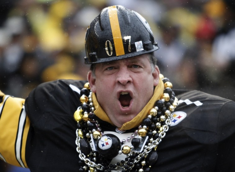A Steelers fan demonstrates his loyalty.