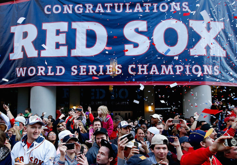 Boston Red Sox fans celebrate the team's World Series victory