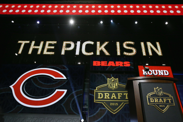 CHICAGO, IL - APRIL 30: Graphics show on screen after Kevin White of the West Virginia Mountaineers is picked #7 overall by the Chicago Bears during the first round of the 2015 NFL Draft at the Auditorium Theatre of Roosevelt University on April 30, 2015 in Chicago, Illinois. (Photo by Jonathan Daniel/Getty Images)