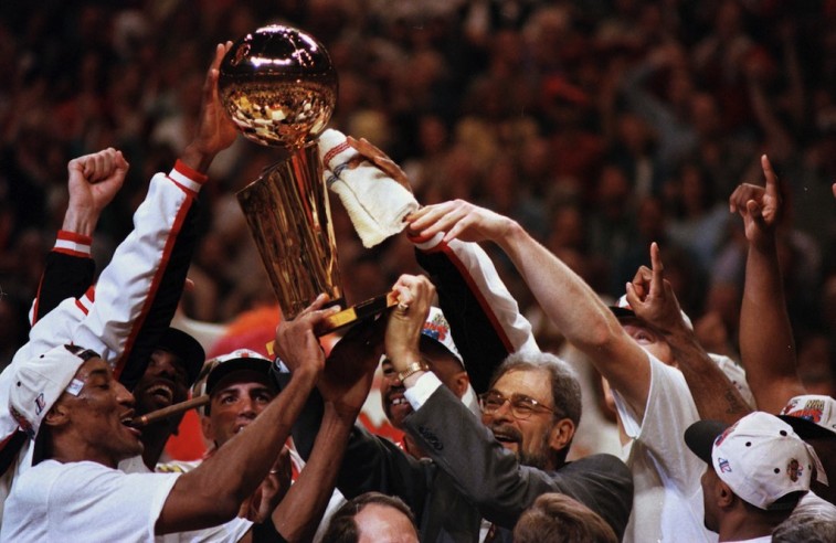 The Chicago Bulls celebrate winning the NBA title.