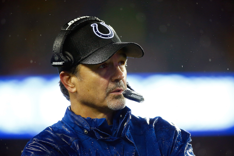 NFL coach Chuck Pagano of the Indianapolis Colts looks on against the New England Patriots.