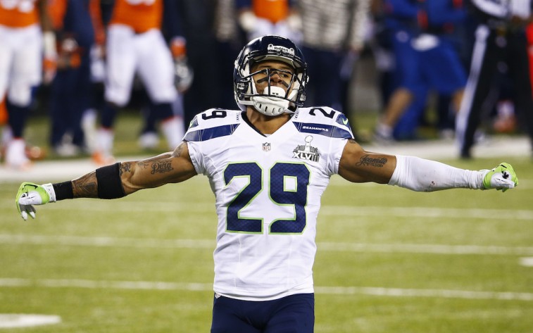Earl Thomas gestures during the Super Bowl