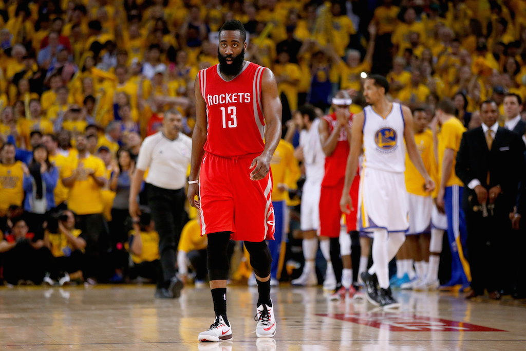 James Harden steels himself against the Warriors.