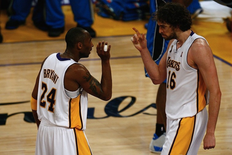 Kobe Bryant and Pau Gasol celebrate.