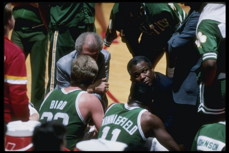 The Boston Celtics in the huddle. 