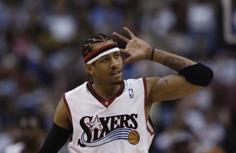 Allen Iverson gestures to the Philadelphia crowd during a 2003 game