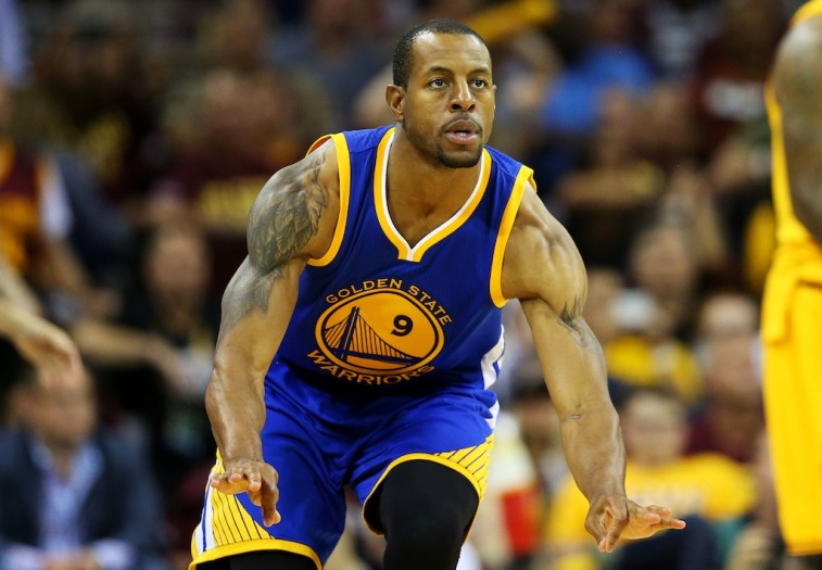 Andre Iguodala celebrates after hitting three-pointer in Game 4