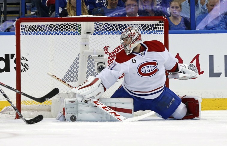 Carey Price extends for a save against the Tampa Bay Lightning