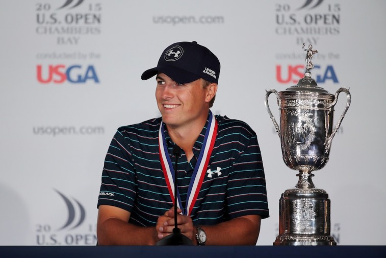 Jordan Spieth talks to media after winning the 2015 U.S. Open