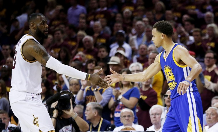 LeBron James and Stephen Curry shake hands during the 2016 NBA Finals.