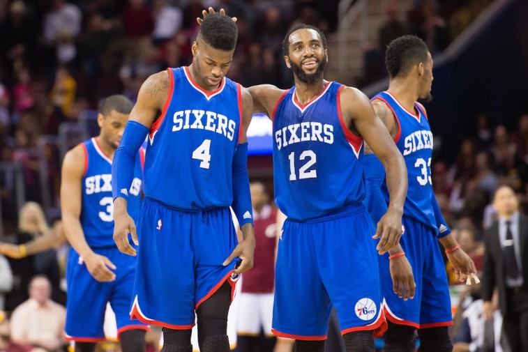 Philadelphia 76ers react after losing to the Cleveland Cavaliers