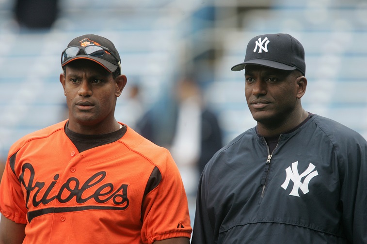 BRONX, NY - APRIL 8: Sammy Sosa #21 of the Baltimore Orioles stands next to Ruben Sierra #28 of the New York Yankees before the game at Yankee Stadium on April 8, 2005 in Bronx, New York. The Orioles defeated the Yankees 12-5. (Photo by )