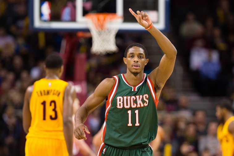 CLEVELAND, OH - DECEMBER 31: Brandon Knight #11 of the Milwaukee Bucks celebrates after hitting a three point shot during the second half against the Cleveland Cavaliers at Quicken Loans Arena on December 31, 2014 in Cleveland, Ohio. The Bucks defeated the Cavaliers 96-80. NOTE TO USER: User expressly acknowledges and agrees that, by downloading and or using this photograph, User is consenting to the terms and conditions of the Getty Images License Agreement. (Photo by Jason Miller/Getty Images)  *** Local Caption *** Brandon Knight