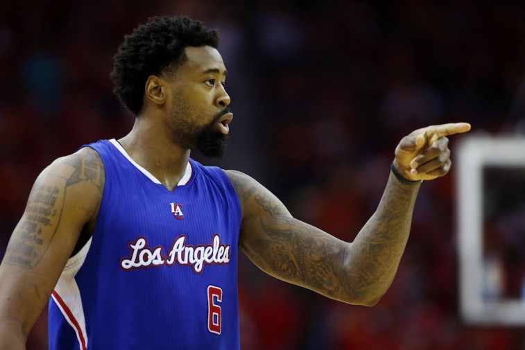 HOUSTON, TX - MAY 17: DeAndre Jordan #6 of the Los Angeles Clippers reacts in the fourth quarter against the Houston Rockets during Game Seven of the Western Conference Semifinals at the Toyota Center for the 2015 NBA Playoffs on May 17, 2015 in Houston, Texas. NOTE TO USER: User expressly acknowledges and agrees that, by downloading and/or using this photograph, user is consenting to the terms and conditions of the Getty Images License Agreement.