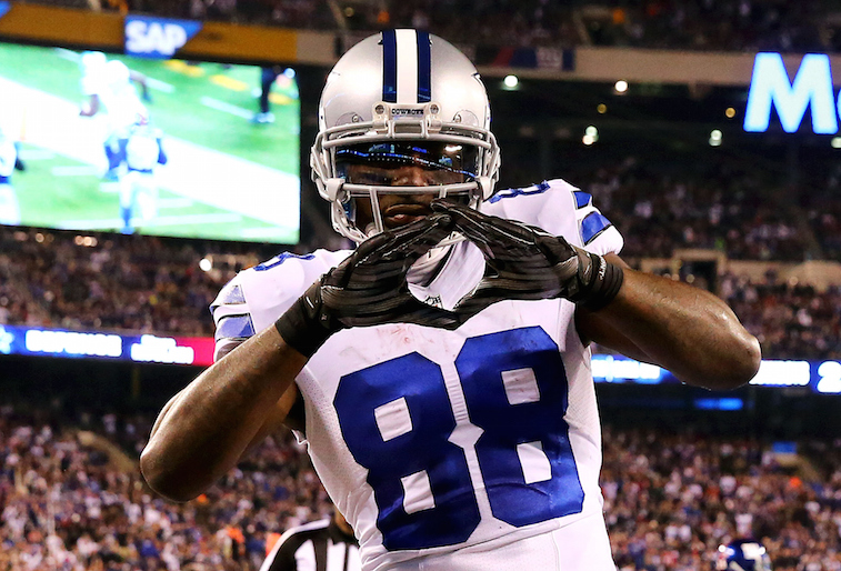 Wide receiver Dez Bryant (#88) of the Dallas Cowboys celebrates a touchdown against the New York Giants in 2014.