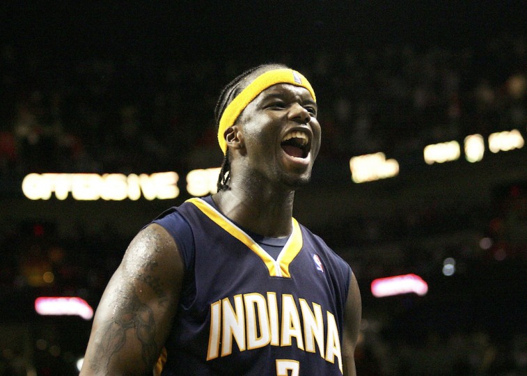 Jermaine O'Neal celebrates a bucket.