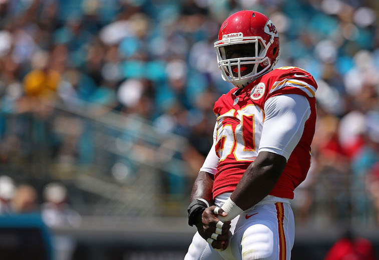 Justin Houston Outside linebacker Justin Houston (#50) of the Kansas City Chiefs during a game in 2014.