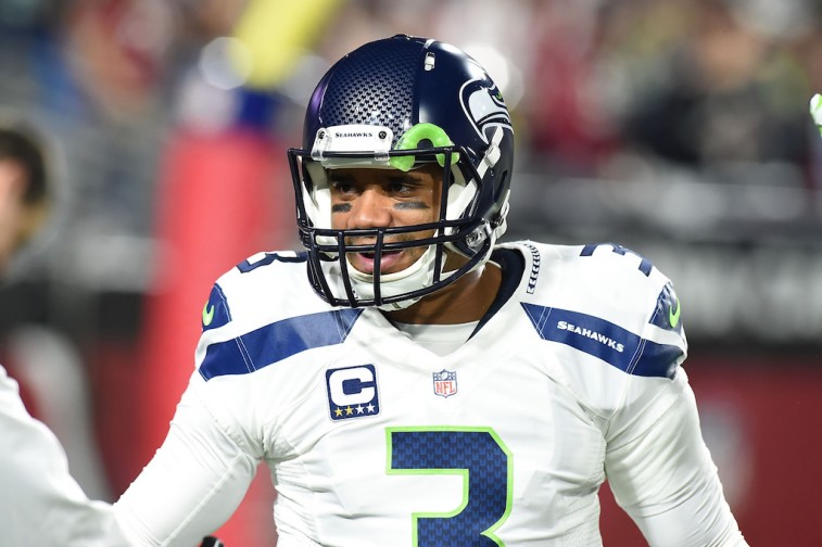 GLENDALE, AZ - DECEMBER 21: Quarterback Russell Wilson #3 of the Seattle Seahawks during warmups prior to the NFL game against the Arizona Cardianls at University of Phoenix Stadium on December 21, 2014 in Glendale, Arizona. (Photo by Norm Hall/Getty Images)