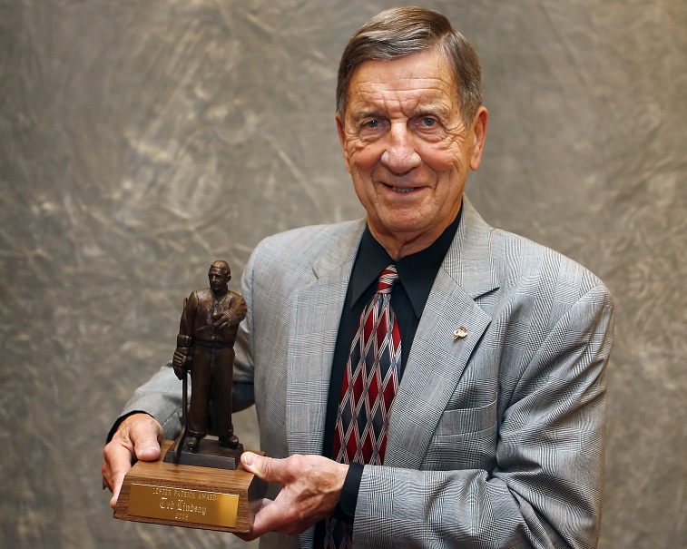 ST. PAUL, MN - OCTOBER 22:  Ted Lindsay poses with his  Lester Patrick Award October 22, 2008 at the St. Paul Hotel in St. Paul, Minnesota. (Photo by )