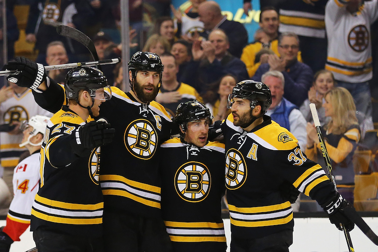 The Boston Bruins celebrate a goal