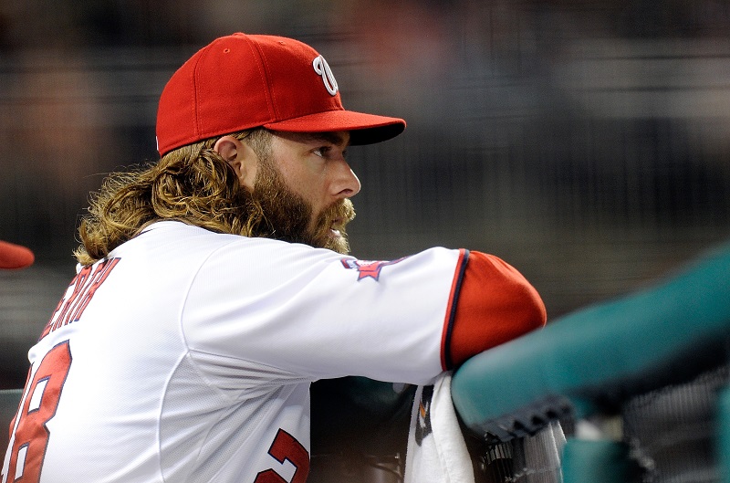 Nationals outfielder Jayson Werth looks on from the dugout.